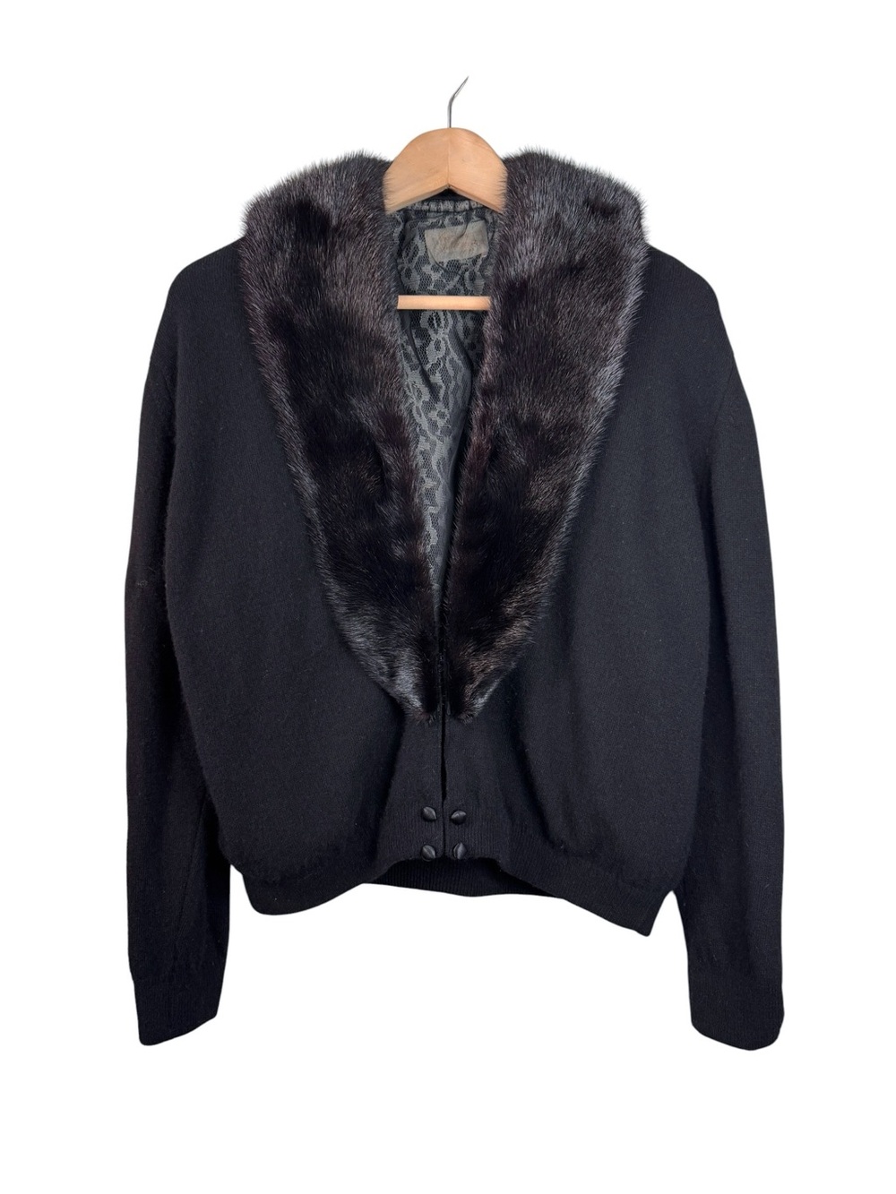 Vintage 1950s Black Cashmere Mink Fur Collar Cardigan Jacket Size Large Classic